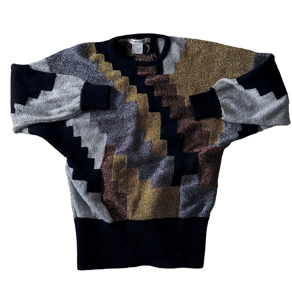 Vintage womens sweater Sz Large Metallic Lambswool black gold Silver Rosegold